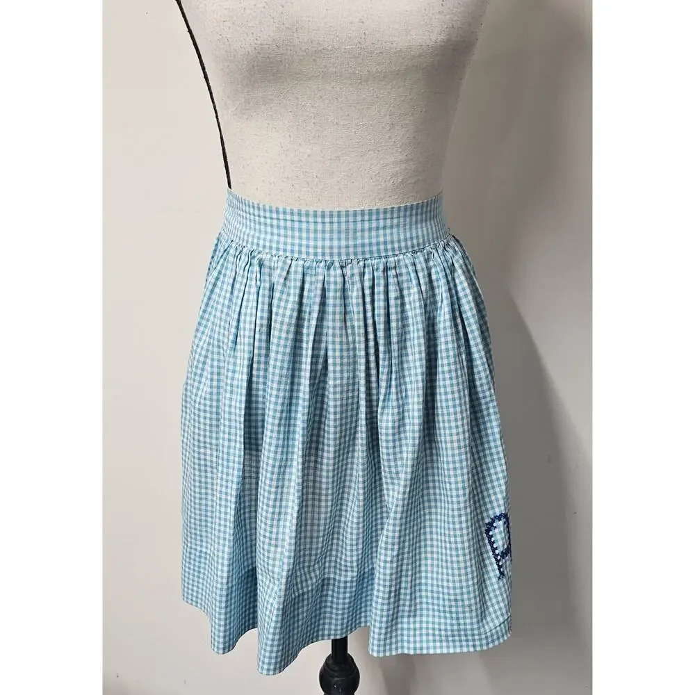 Vtg 50s Half Apron Gingham Plaid Blue Embroidered AM Cross Stitch Cottagecore